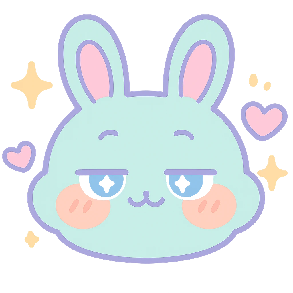 Create a kawaii chibi-style bunny emoji with a smug mood, round fluffy face, sparkly eyes, blushing cheeks, pastel color palette, soft rounded design, anime-style, with sparkles and hearts. The emoji should have a transparent background and be vector art. emoji
