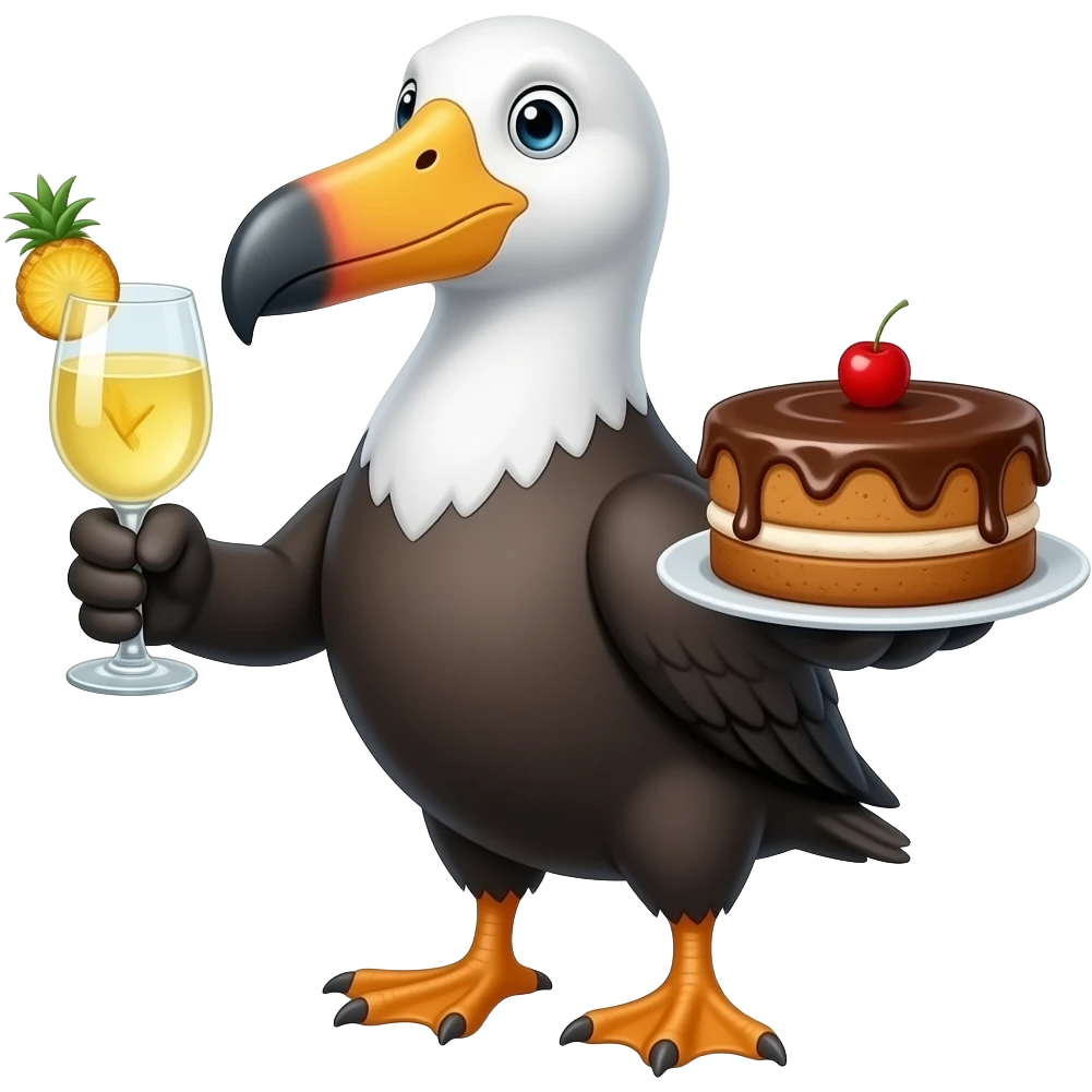 Albatross holding a glass of pineapple wine and a chocolate lava cake emoji