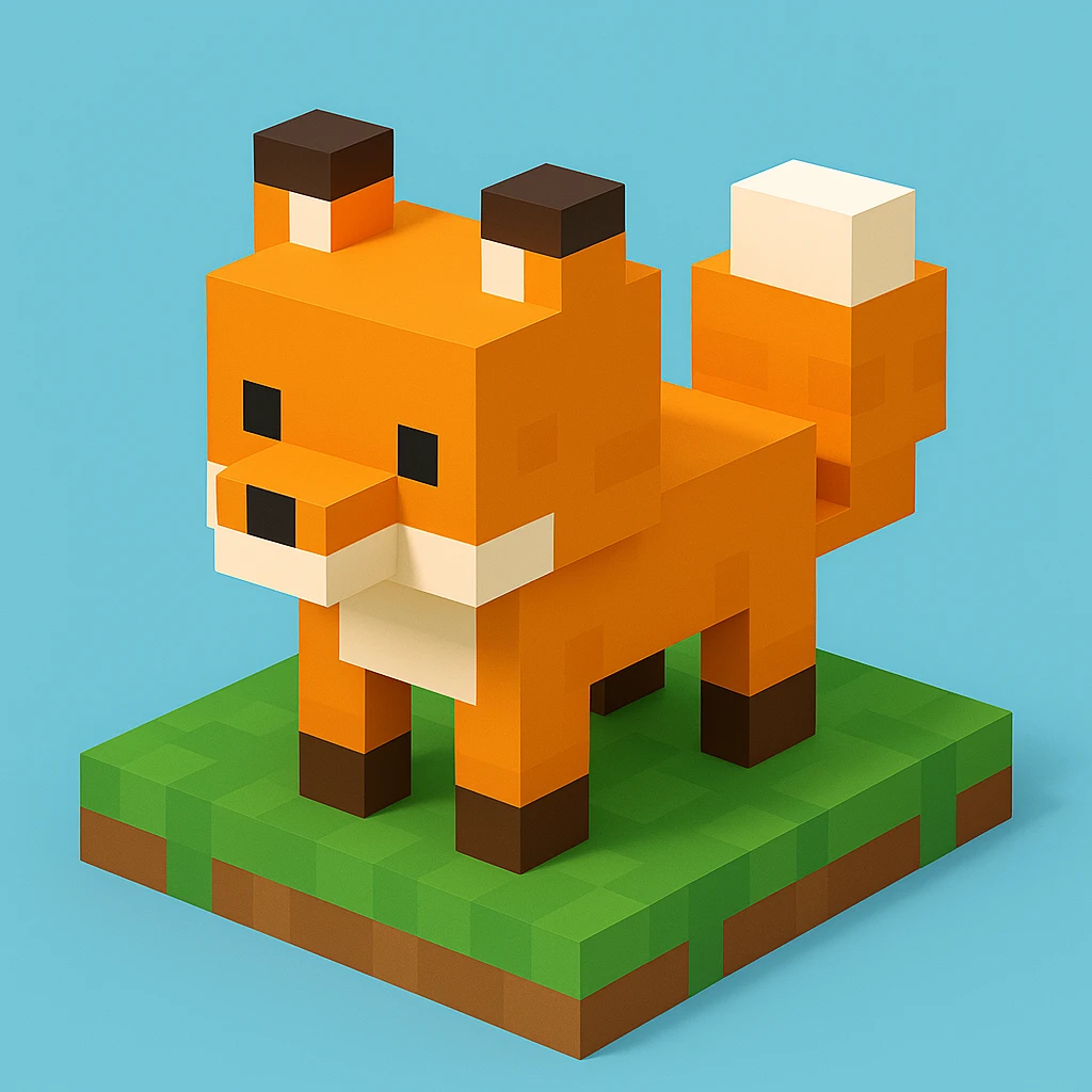 Minecraft-style voxel fox, blocky and pixelated, orange and white fur, standing on grass, simple background emoji