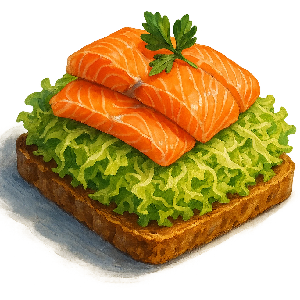 В слега рисованном, но при этом ярком и объемном стиле сгенерируй картинку сочного смёрребрёда c капустой, рыбой, профессионально выставленный свет, который подчеркивает объем, прозрачный фон emoji