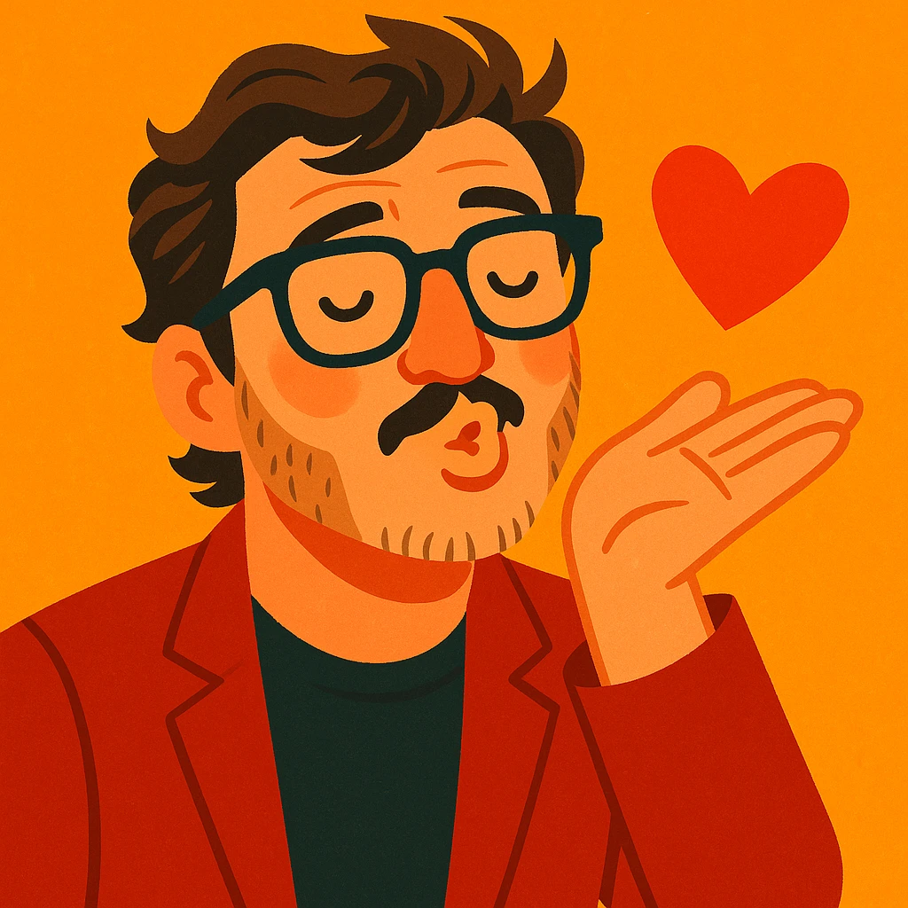 Pedro Pascal, stylish glasses, blowing a kiss, warm and friendly, fun and expressive style, playful and charming, cute and animated emoji