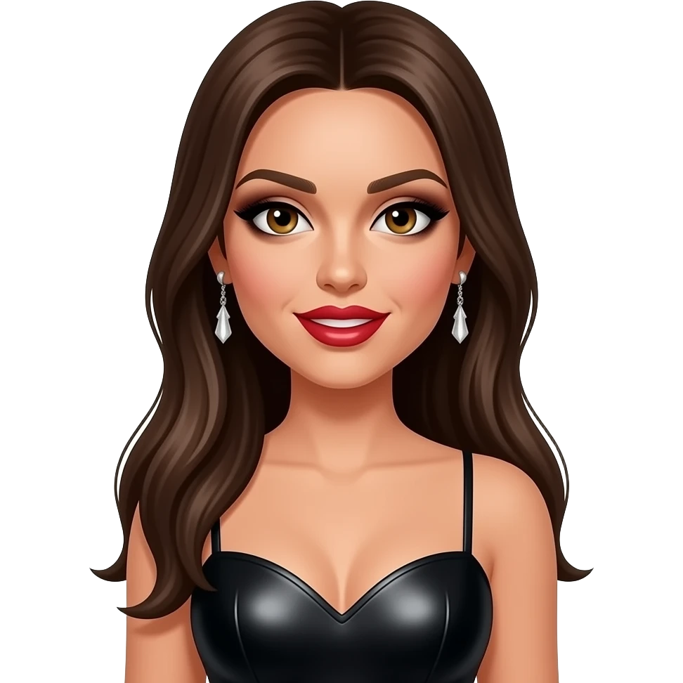 Jessica Sutta from The Pussycat Dolls with hazel eyes, long brunette straight hair, black eyeshadow, red lipstick, black metallic sweetheart dress, earrings emoji