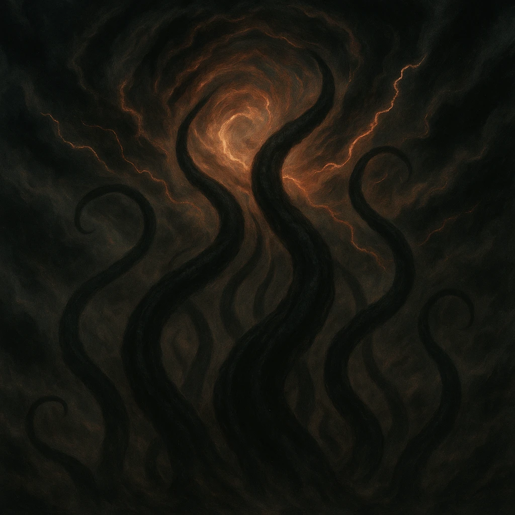 Show only the tentacles emerging from the vortex in the sky, no visible creature, cosmic horror style, dramatic lighting, swirling clouds and energy. Focus on the tentacles and the vortex atmosphere with cosmic horror elements and dramatic lighting effects. emoji