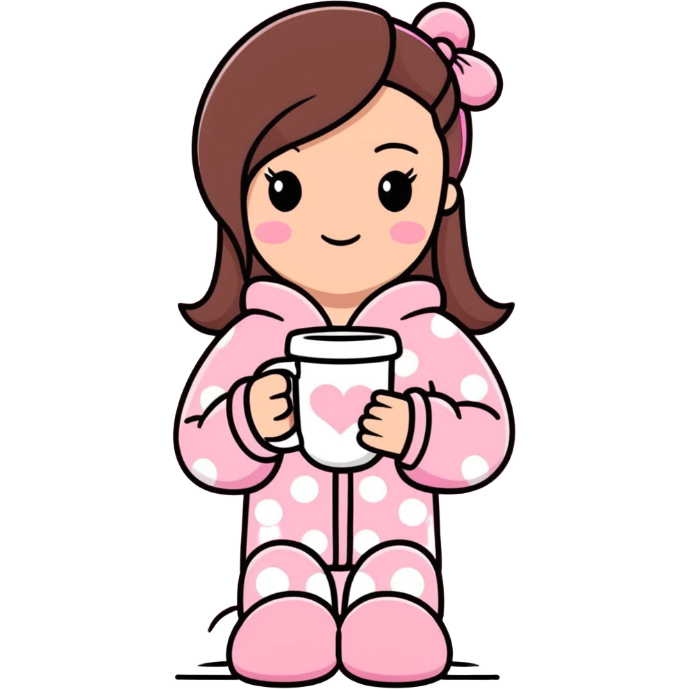 aesthetic Victoria's Secret pajama set, Ugg boots, holding hot chocolate with pink and white marshmallows, cozy and cute emoji