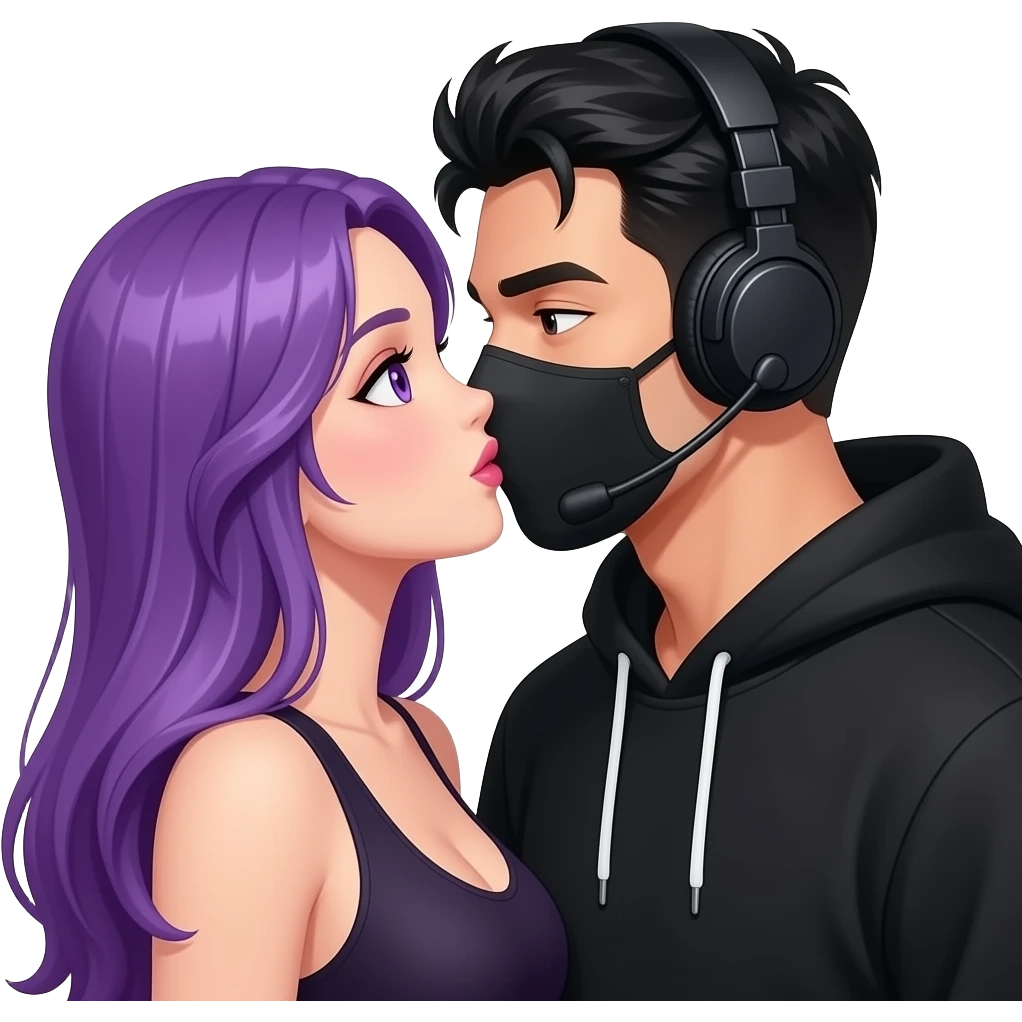 sexy girl with long purple hair and purple is get kissed from an blackhaired attractive man in a black hoodie with a black mask and a headset emoji