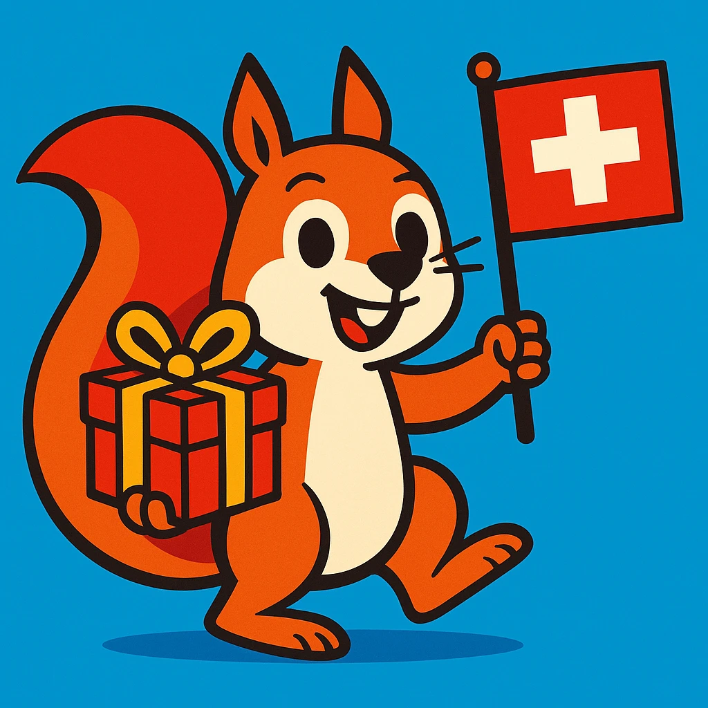 squirrel holding a gift in one hand and a Swiss flag in the other, vibrant toon style emoji