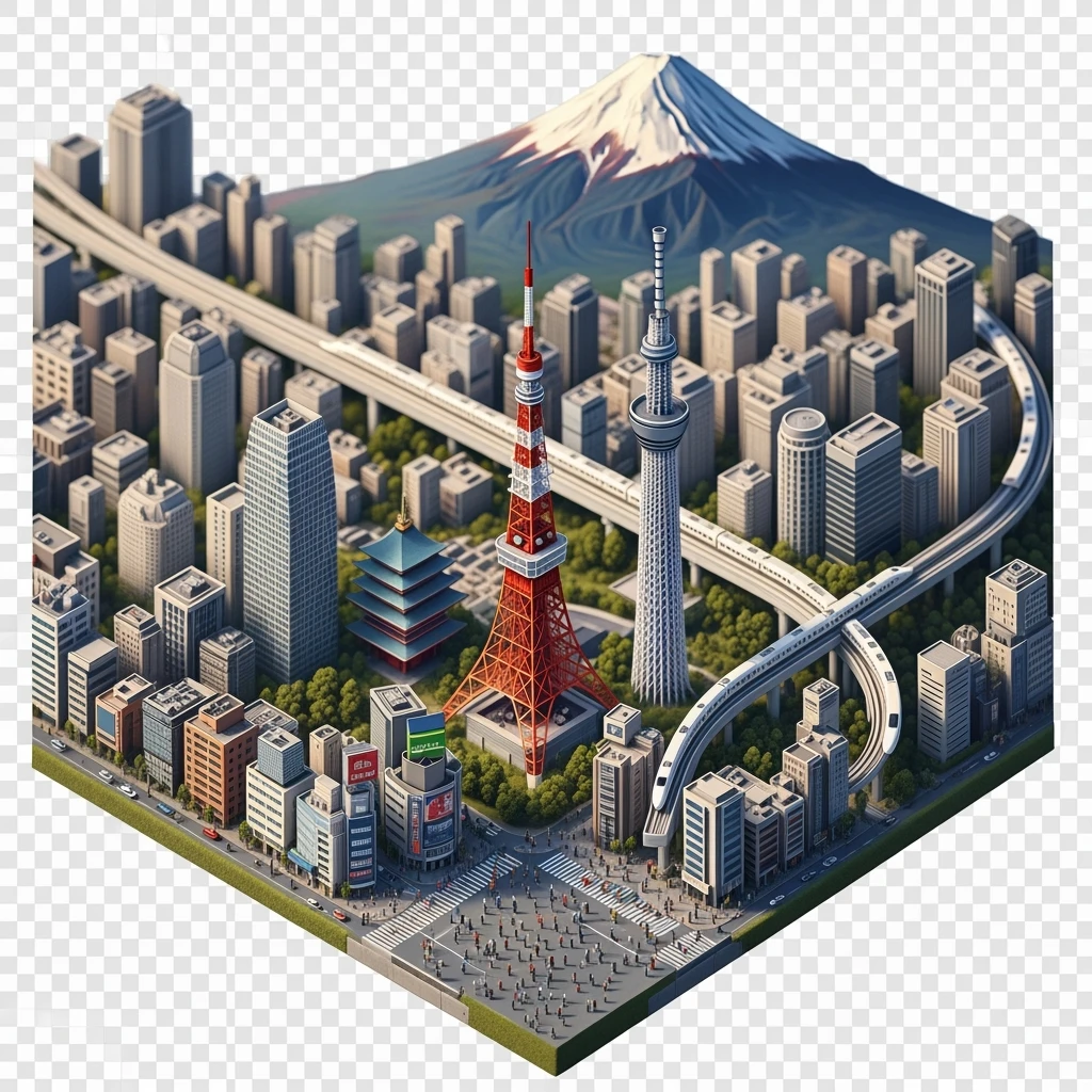 Isometric illustration of Tokyo, with photorealistic detailed miniature cityscape included Tokyo Tower, Skytree, Shibuya Crossing, Mount Fuji in background, high-speed trains, subtle 3D miniature effect and Tilt Shift effect, no cartoonish look, transparent background. emoji