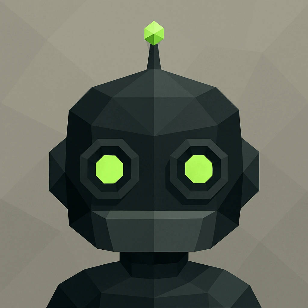 cute small robot headshot, minimalist, color scheme charcoal, black, neon green, gray, geometric modern look emoji