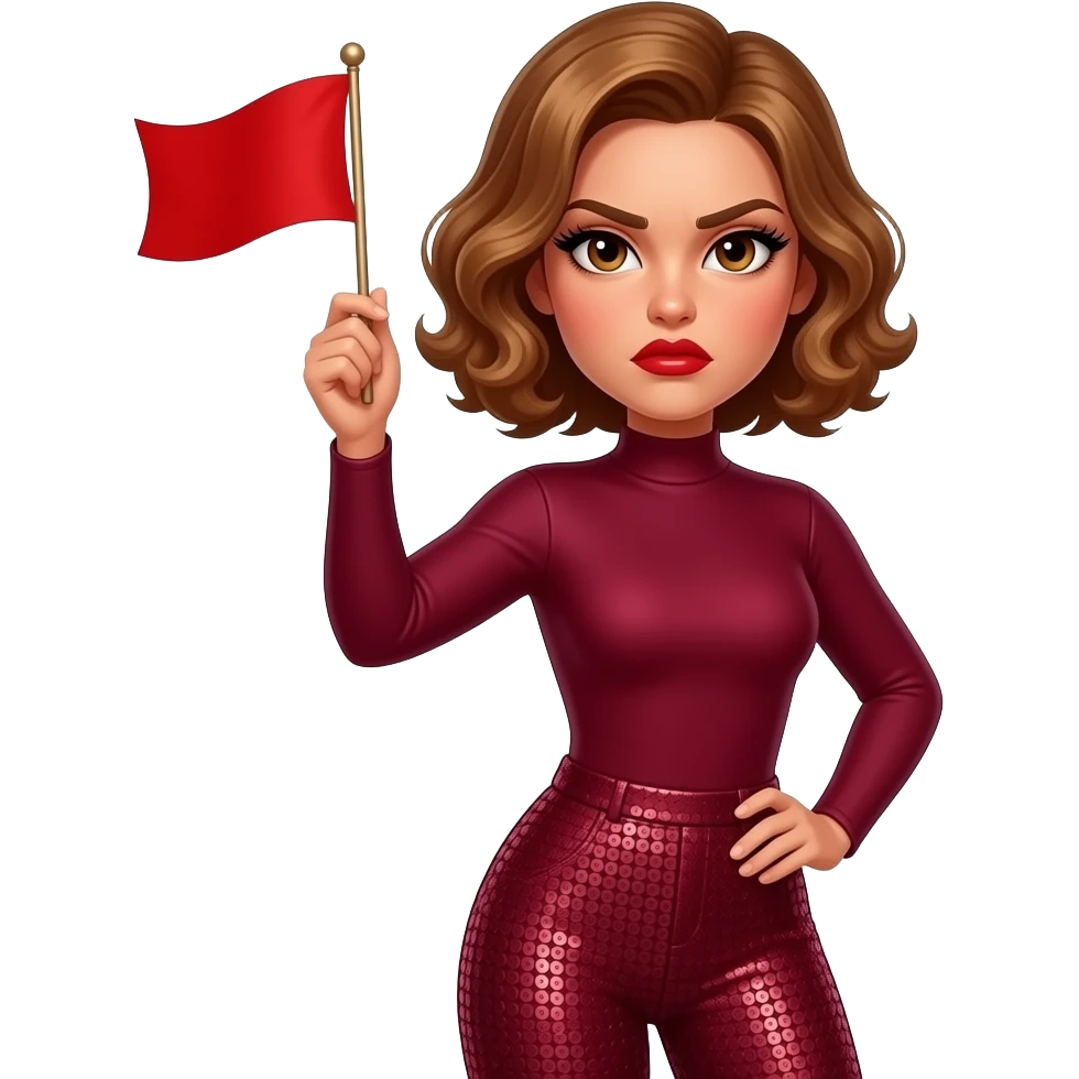 glamours,-tanned,-very-beautiful-woman-with-big-plump-red-lips,-long-lashes,-honey-silky-very short- hair,-wavy-hair,-hazel-eyes- wearing-Burgundy-Long-sleeved-bodysuit-Burgundy- sequinned-pants-Her-eyes-sparkle-and-she-is-frowning.-Hand-up-waving-Red-Flag. emoji