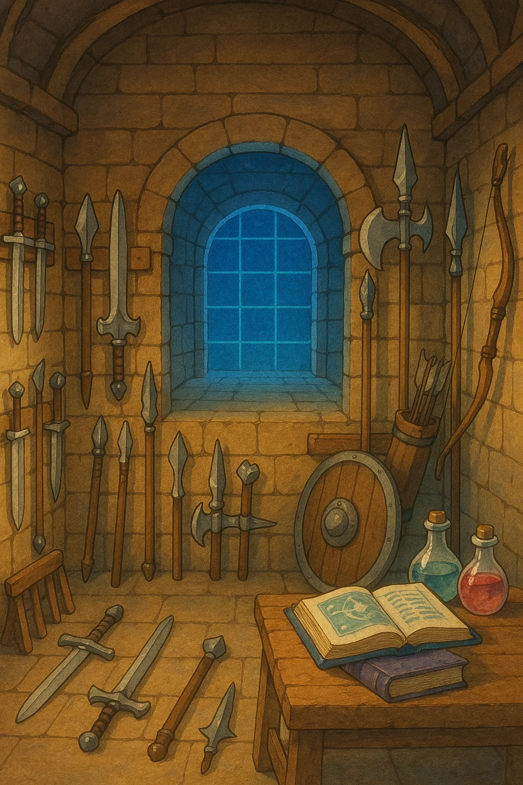 A virtual simulated training environment for combat drills, configured with swords, daggers, axes, maces, halberds, bow and arrows, and shields, as well as spell books and potions  emoji