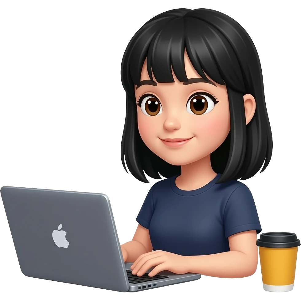 apple genmoji style image of a girl developer with black decent hair working with a laptop emoji