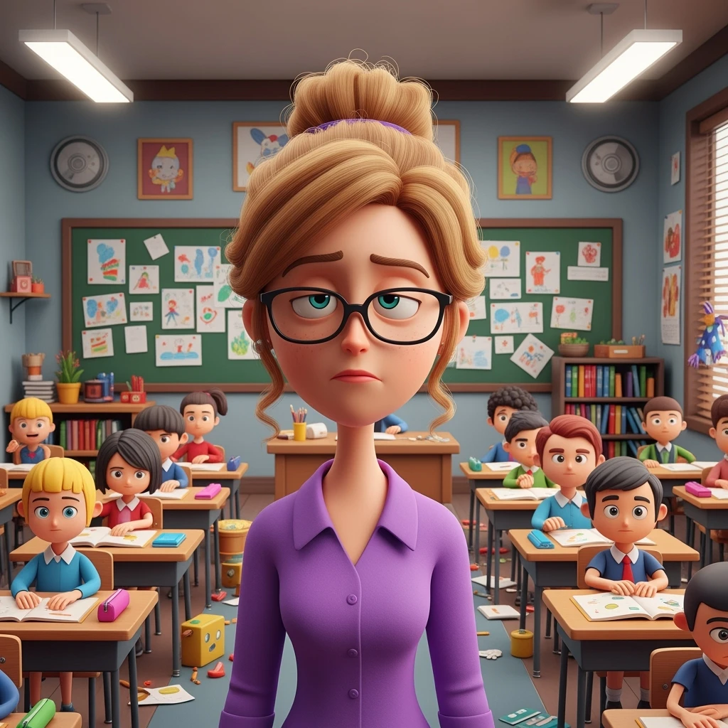 3d cartoon art of a exhausted teacher in a bustling classroom emoji