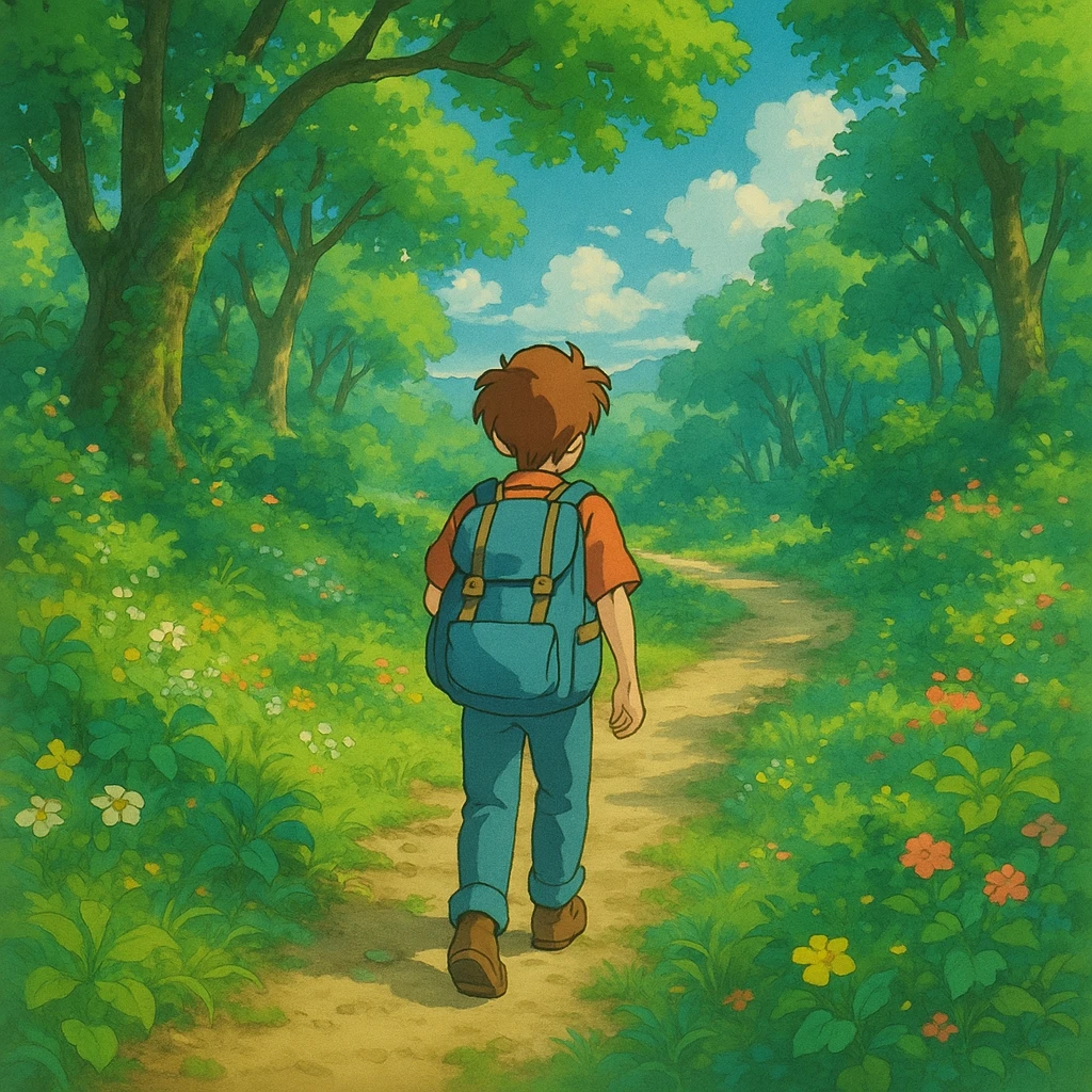 person with backpack traveling ghibli style emoji