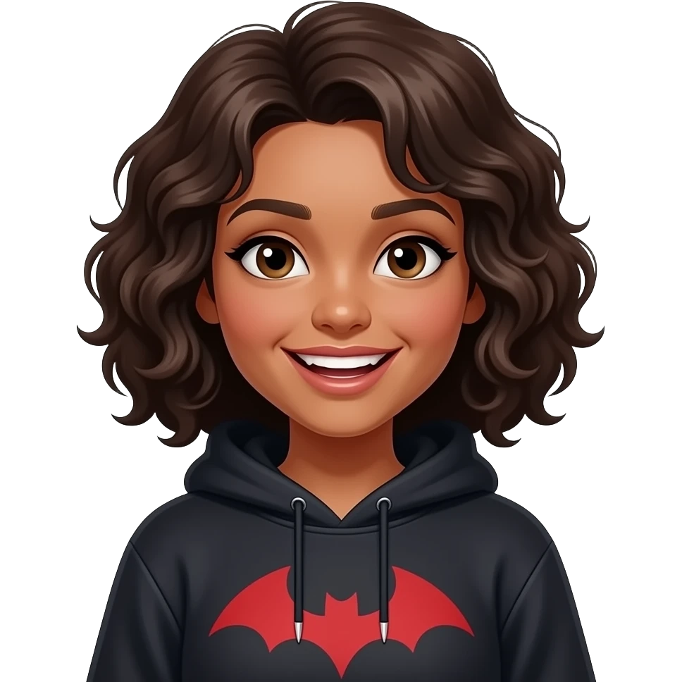 light brown skin girl with dark brown loose curls short hair who is grinning and wearing a vampire themed sweatshirt emoji