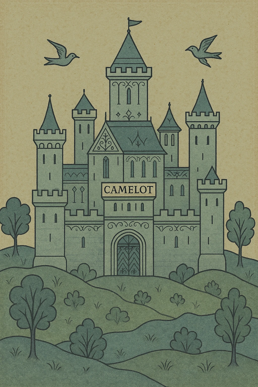 Camelot castle, majestic medieval fortress, stone towers, lush green landscape, fantasy illustration emoji