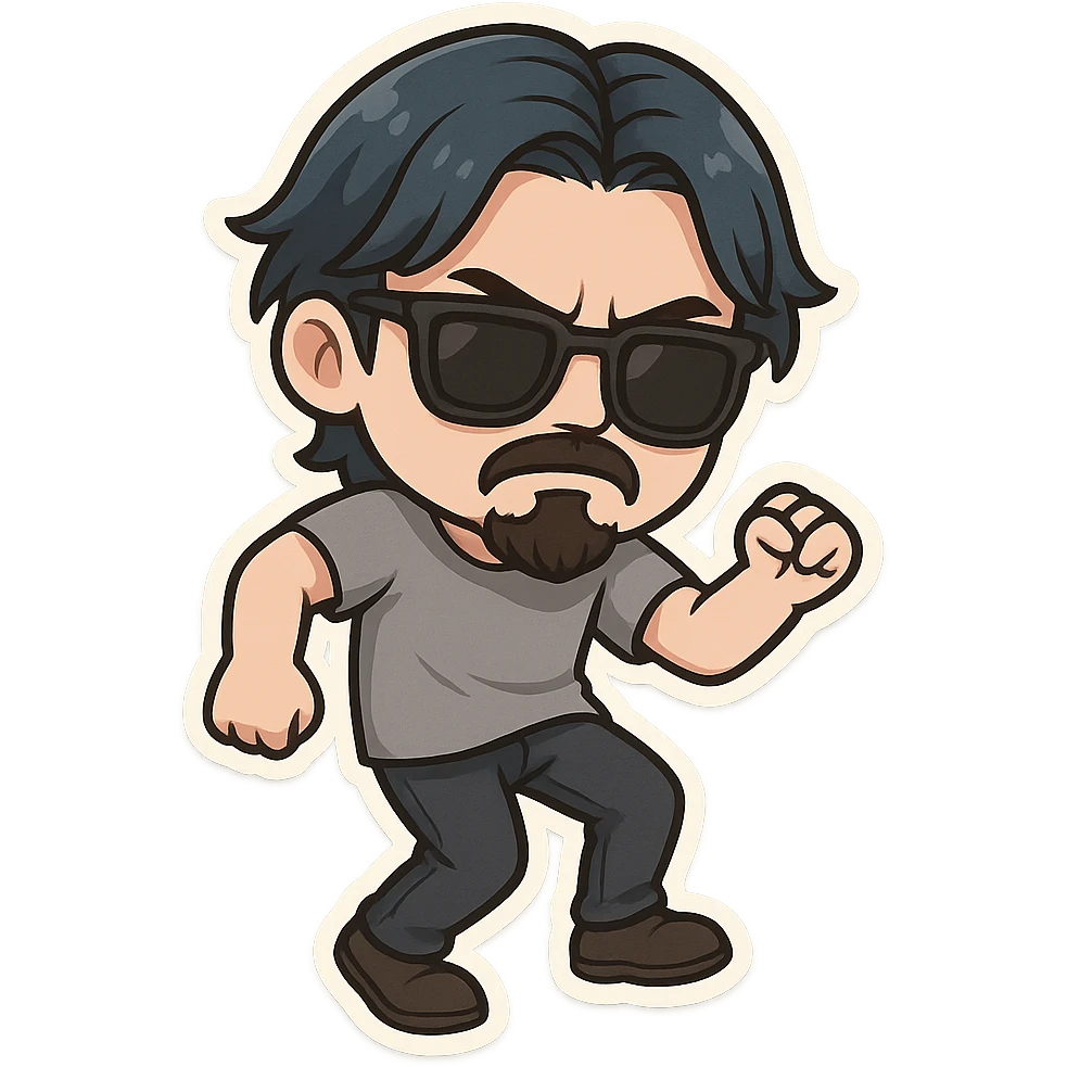 a dark brooding hipster with electric dark blue hair, surfer middle part, chin length hair, classic neat trimmed bushy goatee, black classic rayban shades, plain gray t-shirt, doing the shuffle dance, step shuffle tiktok dance, 1980's dance emoji