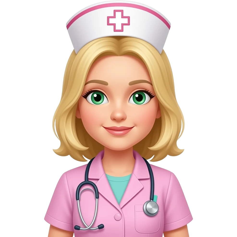 Enfermeira loira branca dos olhos verdes com o jaleco rosa emoji