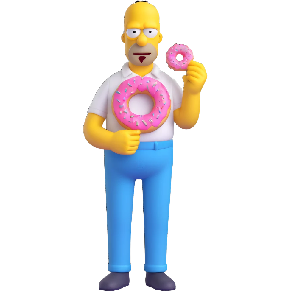Homer Simpson 3D cartoon style, yellow skin, white shirt, blue pants, bald with two hairs on top, holding a pink donut emoji