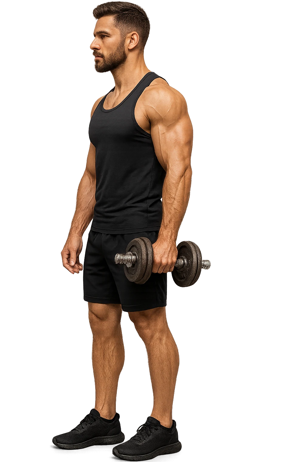 uomo fitness di profilo a figura intera con manubrio da palestra in mano, iperrealistico 4k emoji