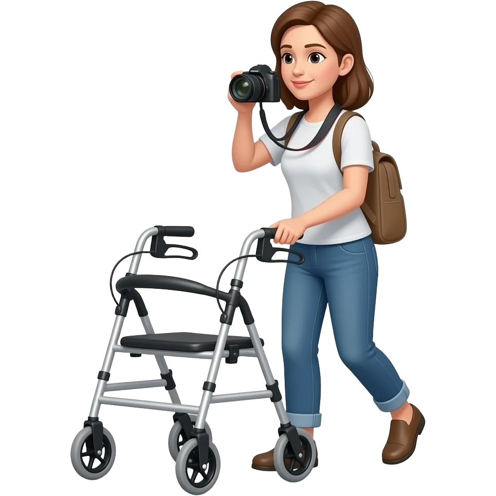 vrouw met fotocamera achter niet suffige moderne outdoor rollator lopen, emoji
