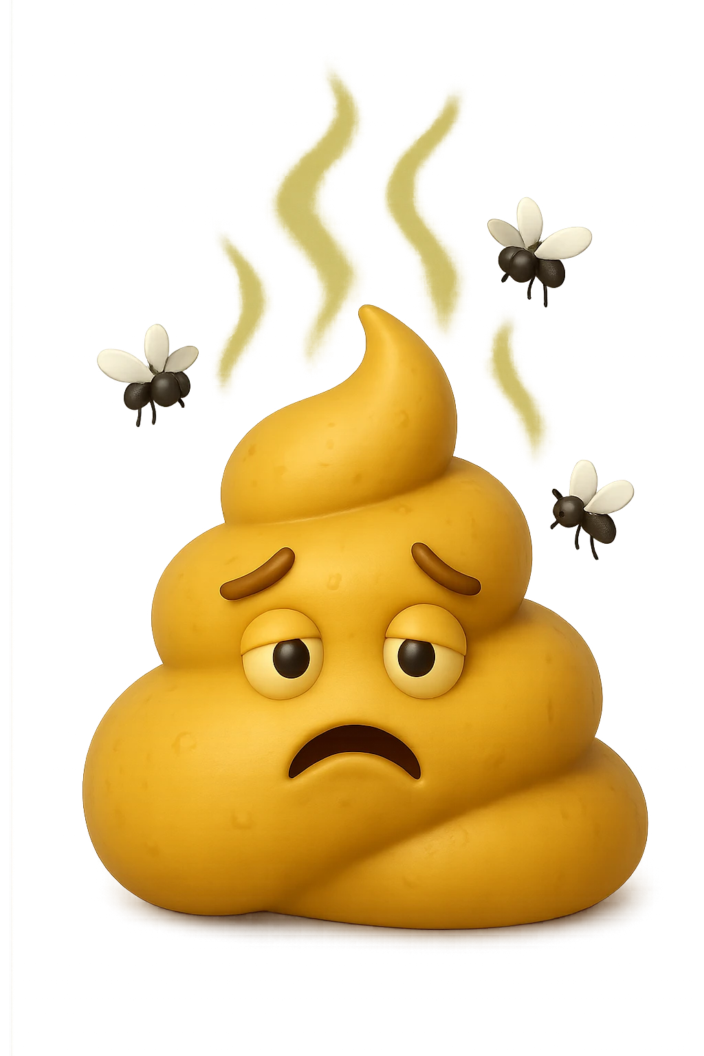 emoji stile iphone 3d di cacca gialla e liquida che emana fumi e cattivo odore, mosche gli girano intorno, iperrealistiche 4k emoji