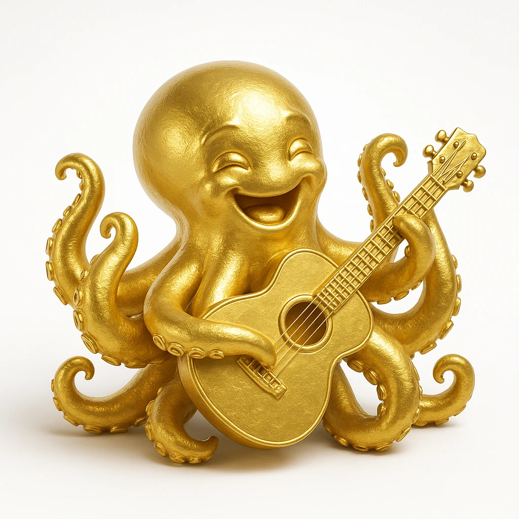 happy octopus with multiple arms playing guitar emoji