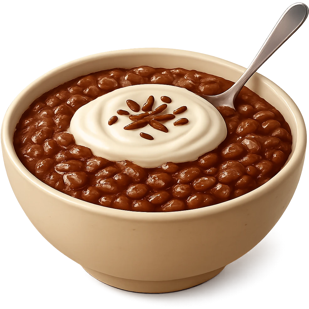 Make the champorado look like chocolate mixed with congee, with visible rice grains in a thick, glossy chocolate porridge, realistic texture, appetizing and true-to-life, keep the background transparent. Realistic and detailed food texture. emoji