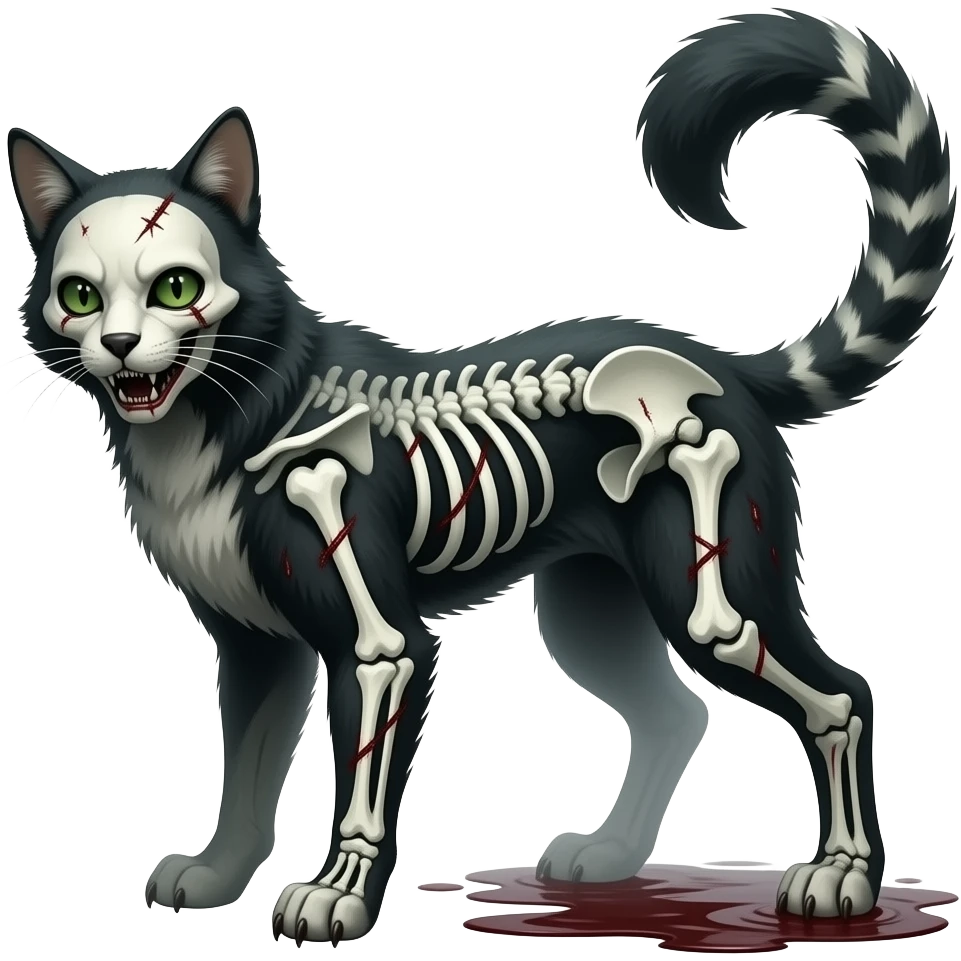 Bloody gory spectral spooky dark bleak blackish swampy white-skeletal gloomy ghostly dark greyish dark-deep-greenish foggy eldritch beautiful realistic edgy fantasy ghoul-like stitched feline-vernid-sergal-fursona animal creature with a tufted tail full body with intricate markings emoji