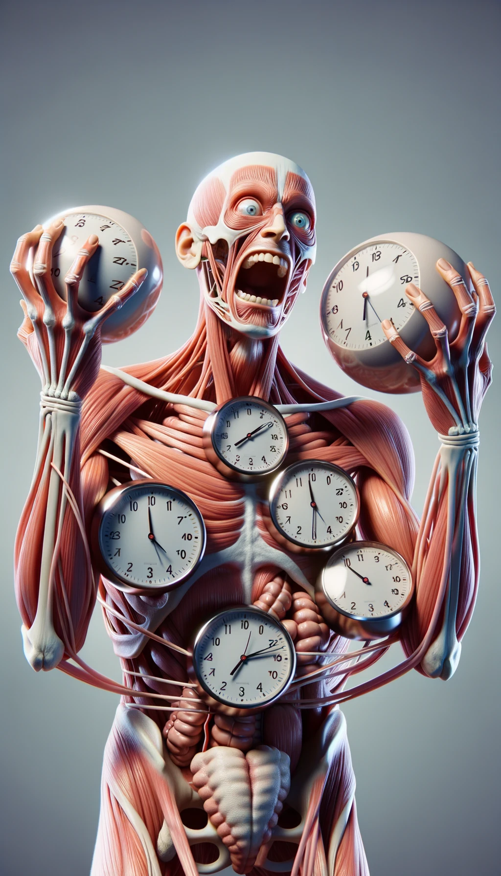 corpo umano anatomico CHE TIENE OROLOGI NELLE MANI E STA IMPAZZENDO PERCHé NON RIESCE A SVOLGERE TUTTE LE SUE ATTIVITà QUOTIDIANE: NON HA TEMPO, SFONDO CHIARO, iperrealistico 4k emoji