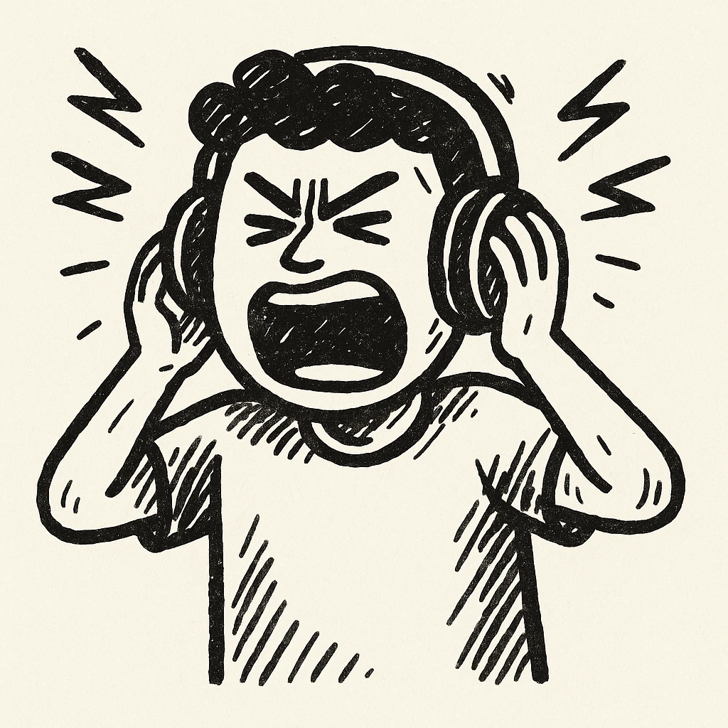 Make the bold guy with headphones look angrier and more intense while screaming in the style of notion hand drawn doodles. emoji