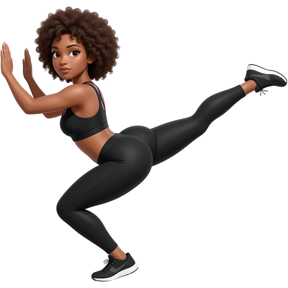 Light-brown Black woman, afro hair, wearing black sports bra and leggings, performing , full body, toned glutes and legs, strong posture, realistic fitness style, clean background, soft lighting. 
SHE PLACED HER BOTH HANDS ON THE WALL WHILE STANDING DOIMG KICKBACK WITH HER LEGS SHE STANDING STRAIGHT emoji