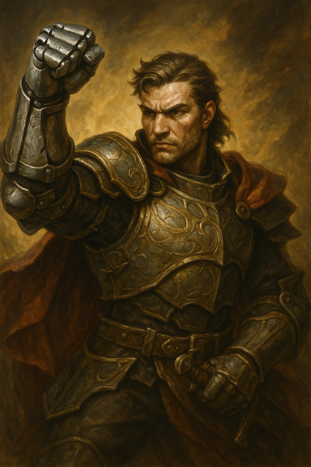 Alexandr Iron Fist, heroic character with a metallic fist, strong and determined expression, fantasy style emoji