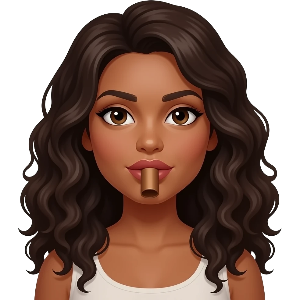 A brown woman with dark long curly hair and big lips sucking on a brown cylinder emoji