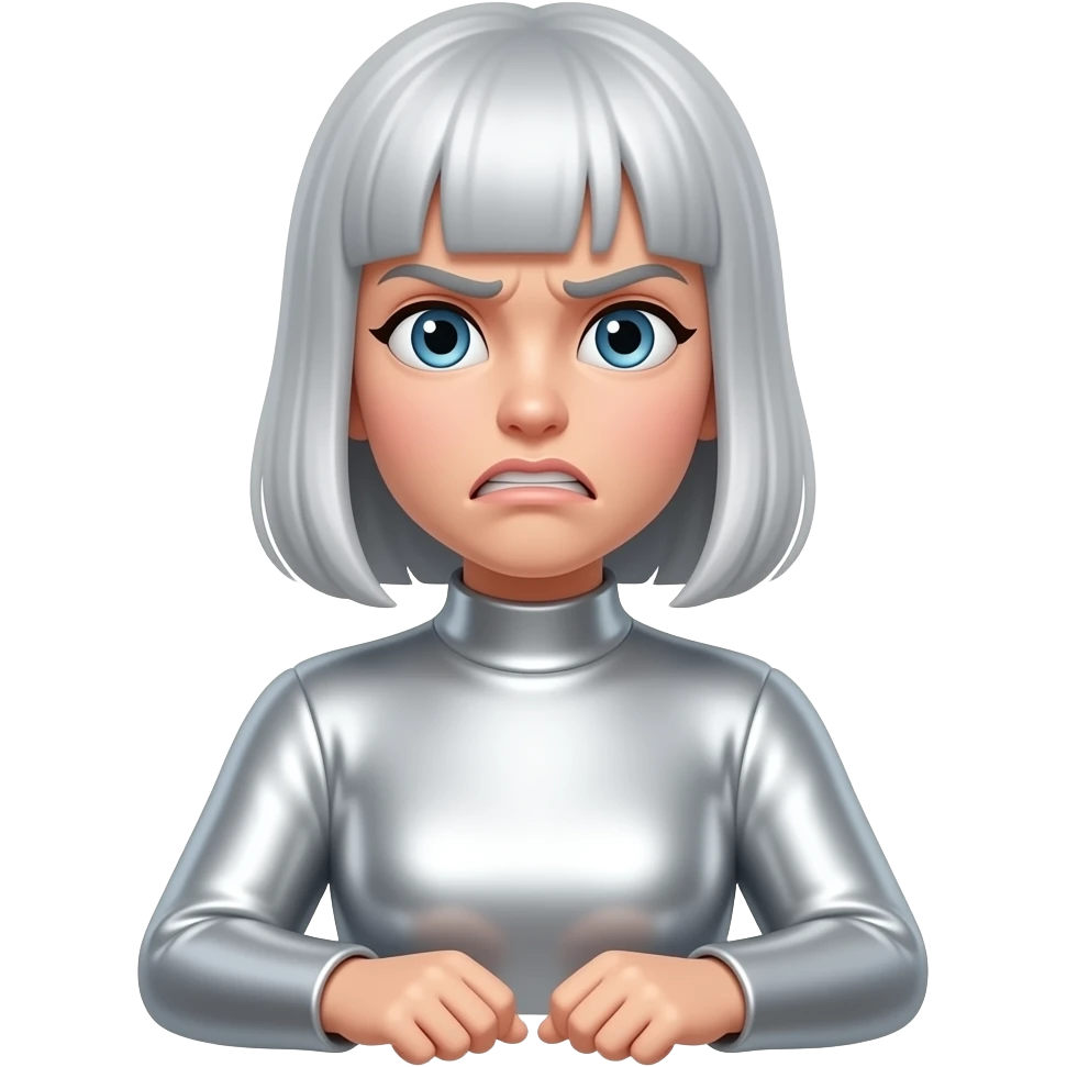 Create an emoji of a seated woman in metallic silver. The woman is making a frustrated expression. The background is white. The final result must have maximum resolution, high contrast, and extreme sharpness. Illustration style: Vintage – Art Deco – 2D emoji