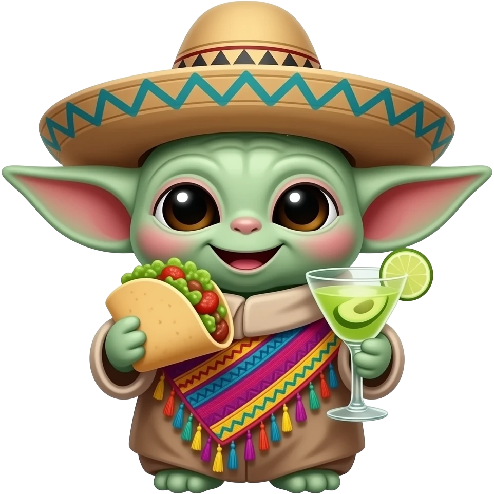 animated baby yoda eating tacos and guacamole,wearing a pancho and sombrero drinking a margarita emoji