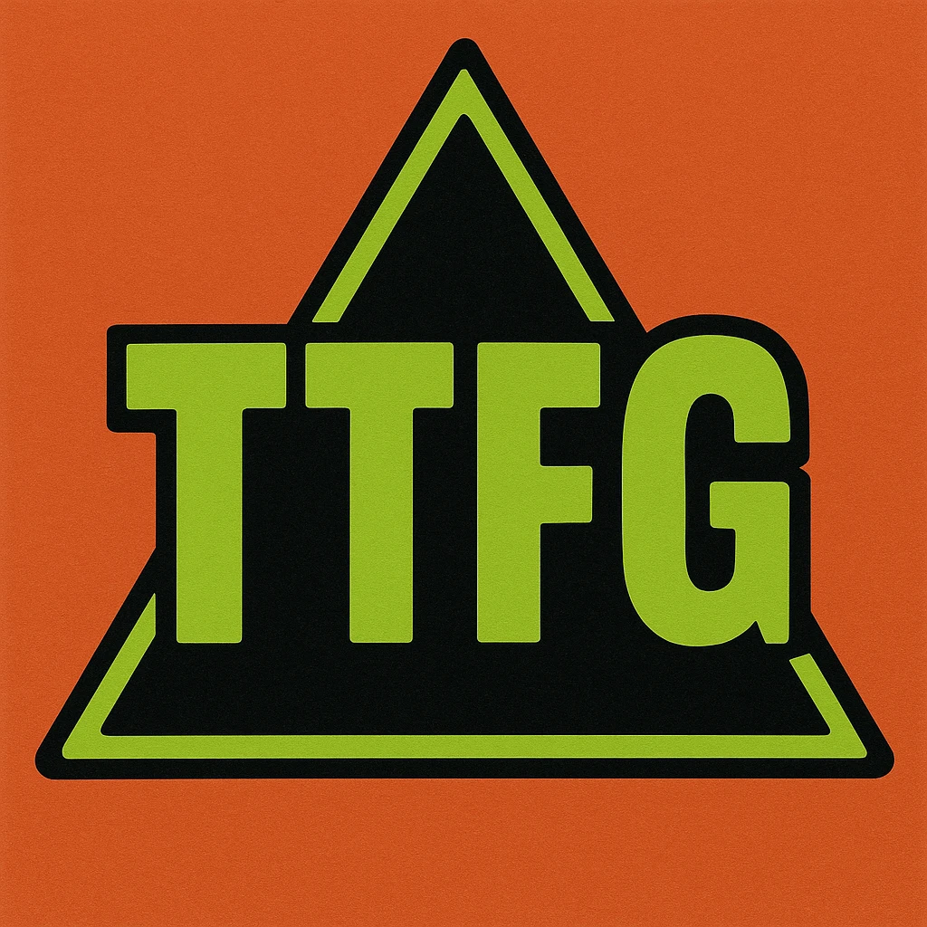 the letters 'TTFG' in green, placed inside a black triangle with a vibrant green border, bold and clear style, triangle border and letters both in neon green emoji