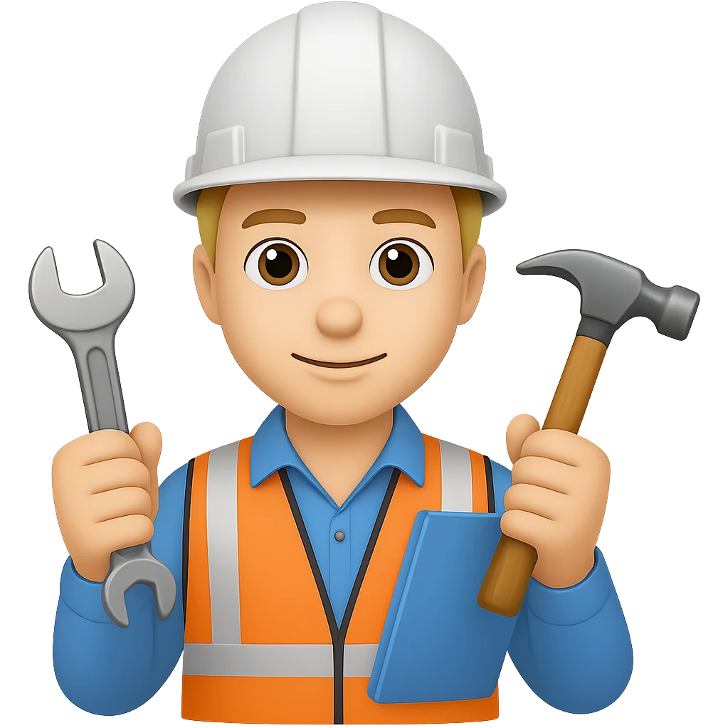 Add construction tools like a wrench and hammer to the civil engineer with blueprint in the style of apple emojis with no background. emoji