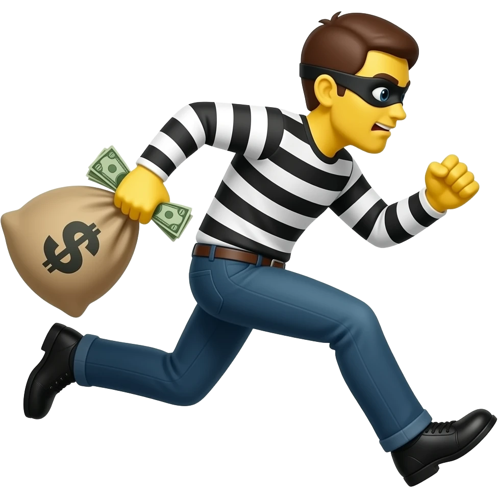 Generate a burglar emoji with yellow skin that runs with a bah of money and make it in the graphic style of this emoji 🧍 emoji