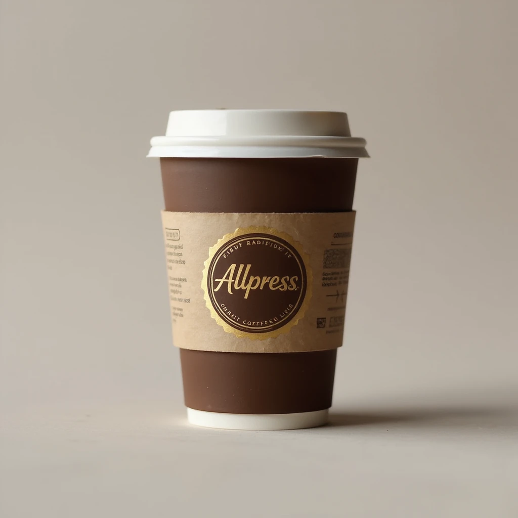realistic Allpress coffee cup with signature brown and gold branding, isolated on transparent background emoji
