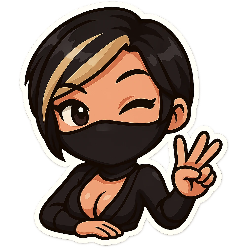 Sexy chibi ninja girl with black short hair and a blonde streak, only head and arms, bold outlines, transparent background, different pose: winking and giving a peace sign, sized for Twitch emoji use. emoji