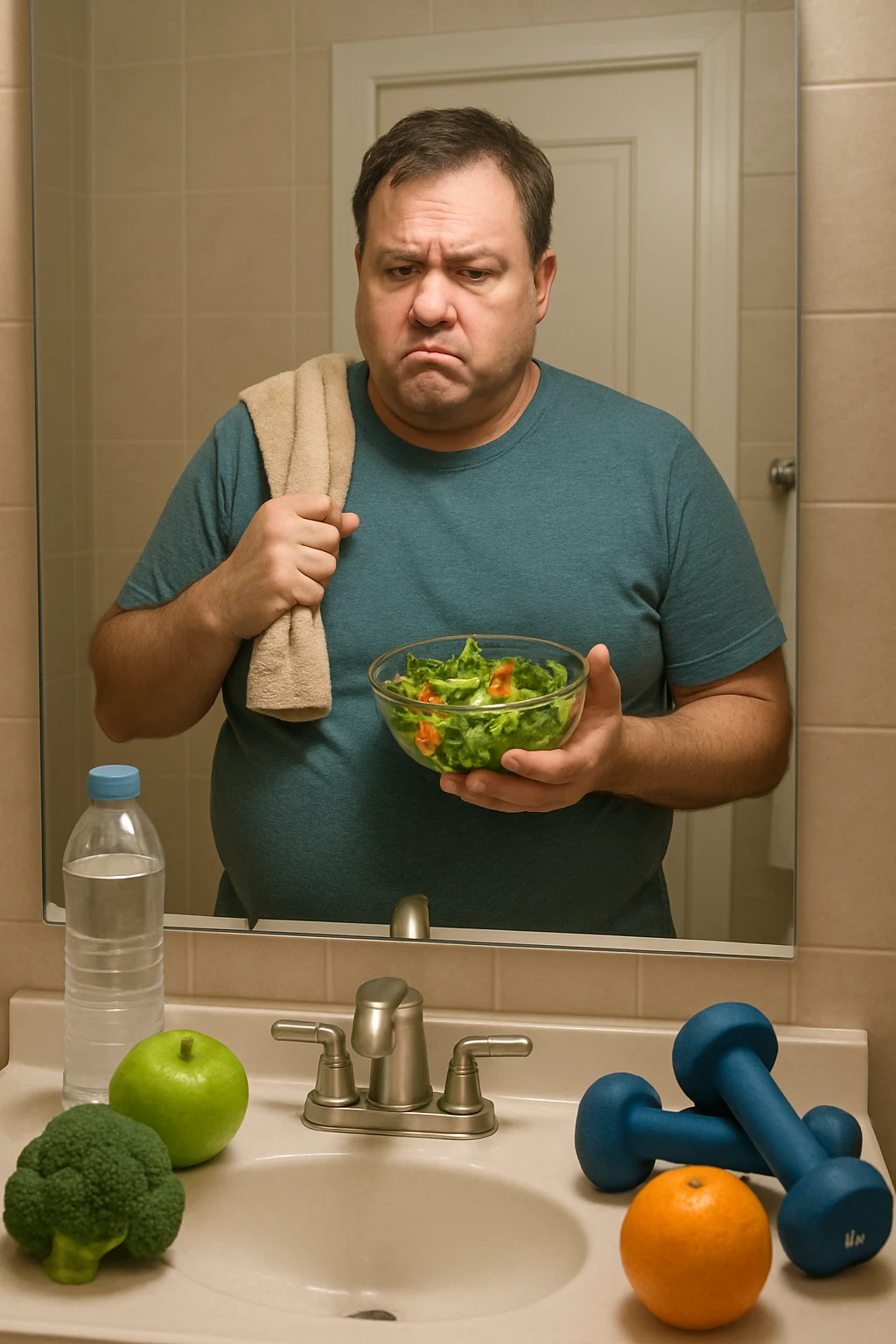 a middle-aged man stands in front of a bathroom mirror, looking at his reflection with a puzzled and slightly frustrated expression. He holds a salad bowl in one hand and a gym towel in the other, surrounded by healthy food and workout gear, yet his body remains overweight. The background is a typical home bathroom, softly lit, emphasizing confusion and self-reflection. emoji