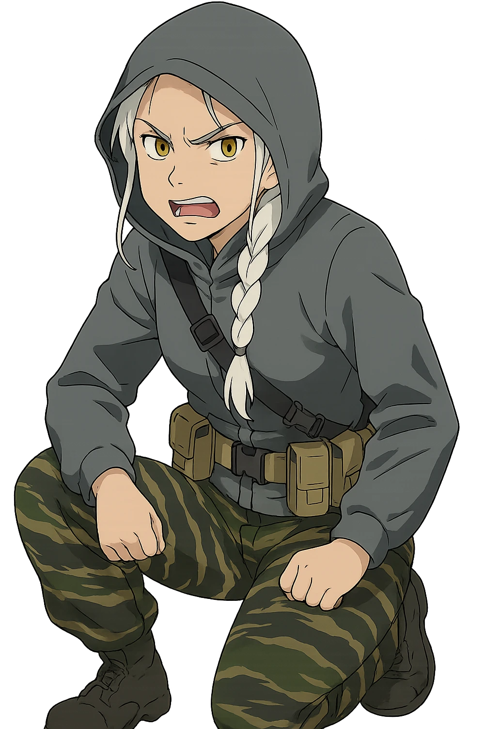 1 female, mid-20's  white hair long braid, gold yellow eyes, gray waterproof tactical shirt hoodie, hood up, single point sling, tan mag pouches on belt rig, tiger stripe camo pants, crouching, angry expression emoji