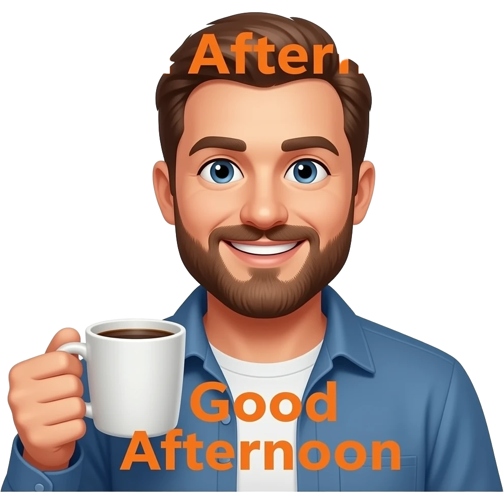 a stubbled face man smiling lifting a steaming cup of coffee close to the camera with the words 'Good Afternoon' in orange printed across the screen emoji