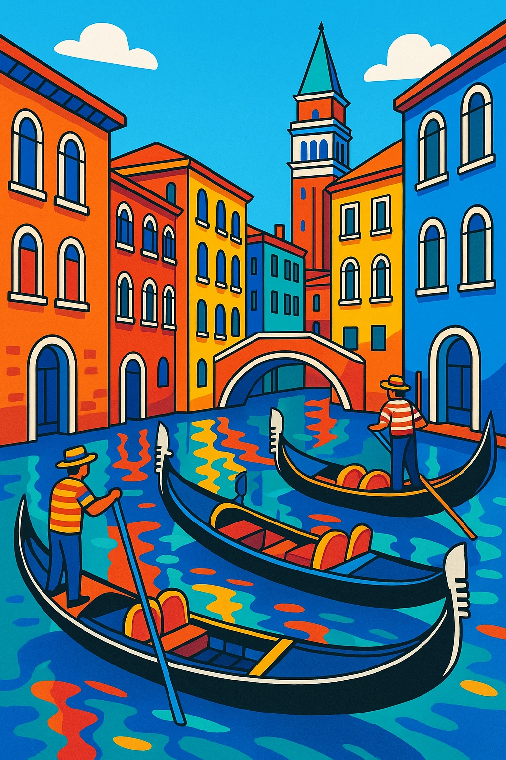 Venice, Italy, with gondolas, canals, and historic architecture, vibrant illustration style emoji
