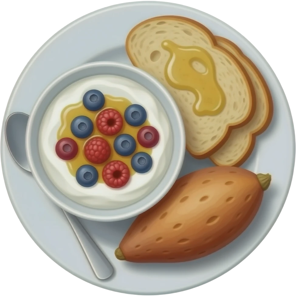 Realistic Plate with greek yogurt bowl topped with blueberries raspberries and maple syrup and sourdough slice topped with a lot of olive oil and a sweet potato on the side HD emoji