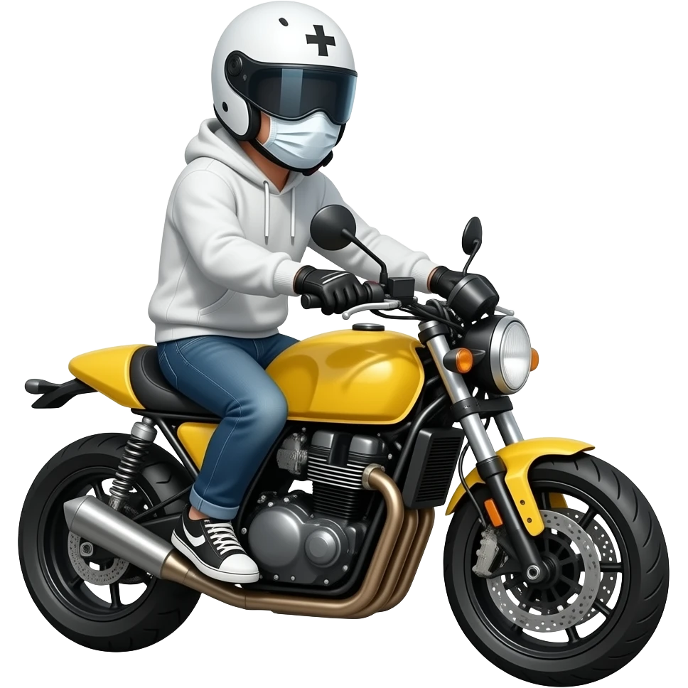 man wearing blue jeans, a white hoodie, black black gloves, a white crosshelmet with a dark eyes shield and a white mask on a yellow cross motorcycle emoji
