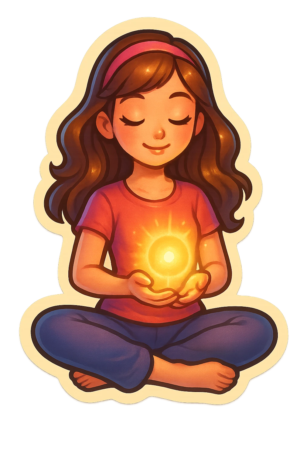 cute, feminine girl in lotus pose holding glowing energy, detailed retro stickers style with shadows and highlights, transparent background emoji