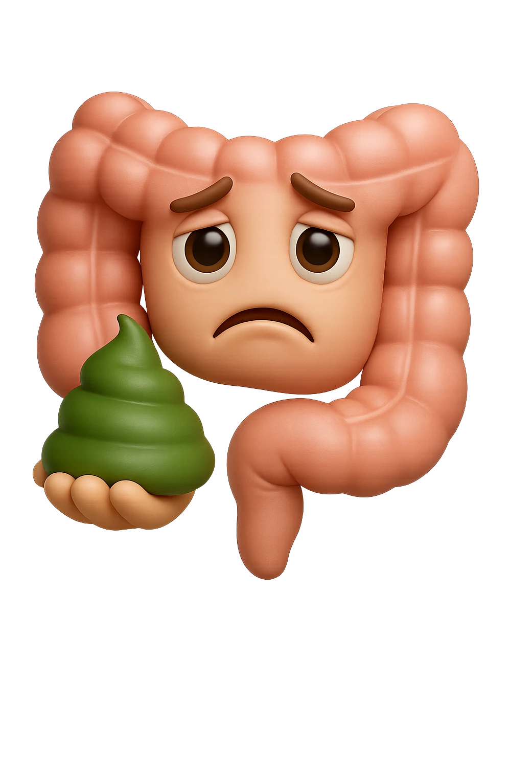 emoji stile iphone 3d di un intestino con espressione triste con cacca verde e liquida in mano , iperrealistiche 4k emoji
