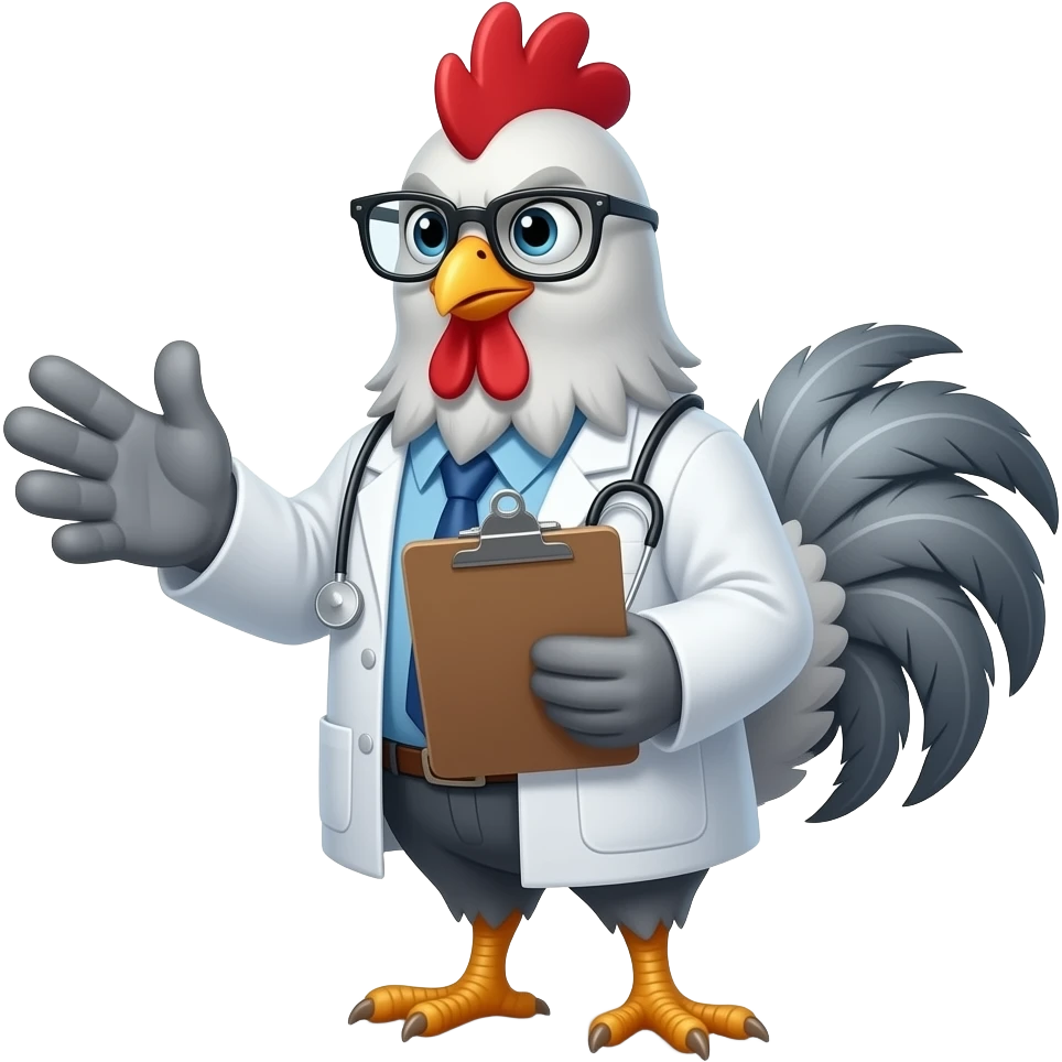 chicken with grey feathers throughout in a lab coat with glasses holding a clipboard judging you emoji