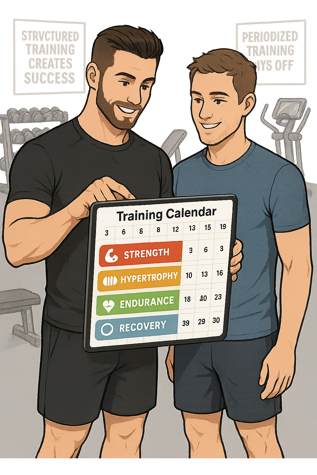 a personal trainer and a client stand in a modern gym, reviewing a large, color-coded training calendar or chart on a tablet. The calendar shows different phases (strength, hypertrophy, endurance, recovery) with icons and dates. Around them, gym equipment and motivational posters reinforce the idea of structured, periodized training. emoji